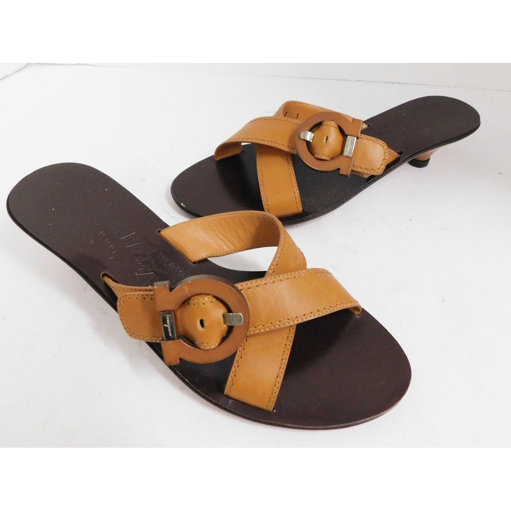 Salvatore Ferragamo Women's Tan Strappy Slip on Gancini Sandals 5 B NEW